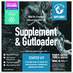 Arcadia EarthPro Supplement and Gutloader Starter Kit contains 50g EarthPro-A, 40g Calcium Magnesium, 15g Shed Support and 20g Insect Fuel Gold