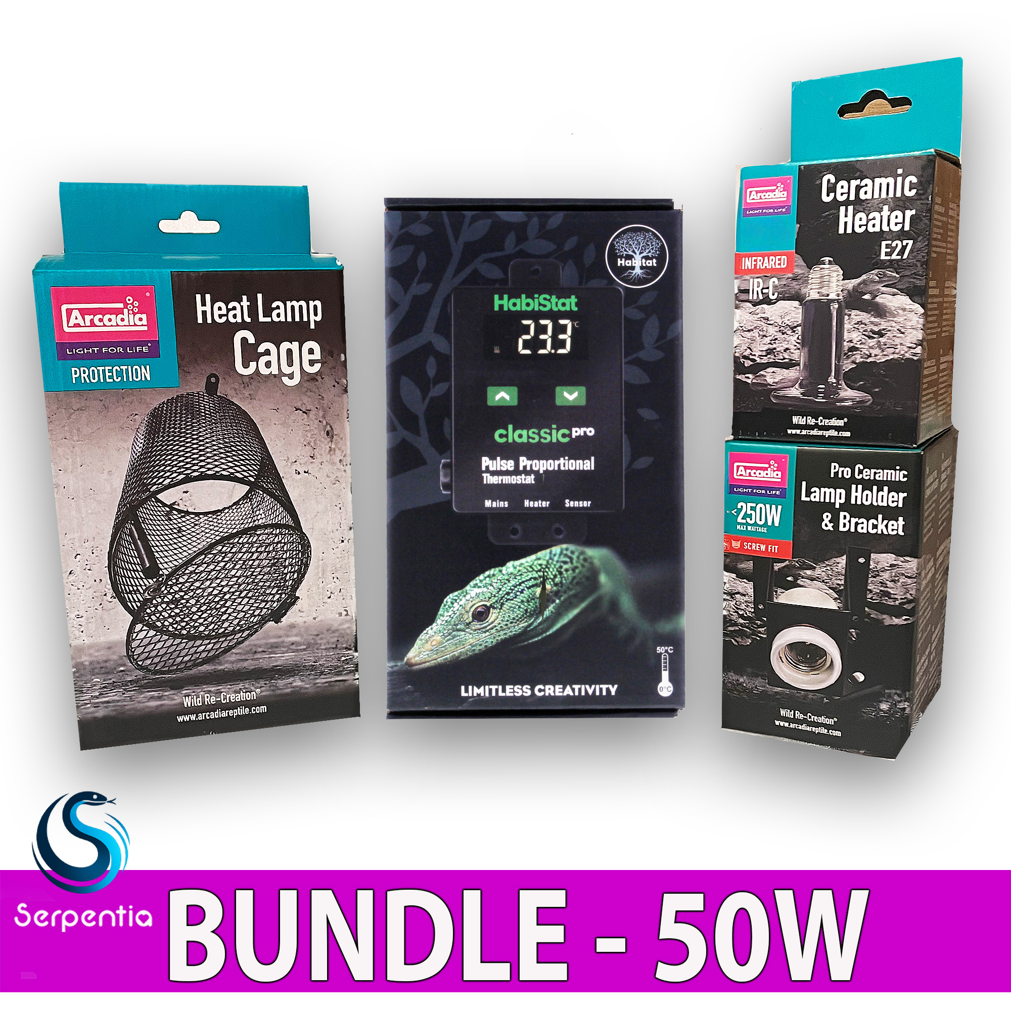 Habistat Pulse Proportional Thermostat and Arcadia 50W ceramic heat lamp, heat guard and holder bundle offer