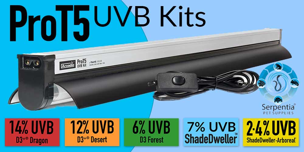 Arcadia ProT5 UVB Kits and T5 Tubes, Dragon 14% UVB -Desert 12% UVB, Forest 6% UVB. Shadedweller 7% UVB, Shadedweller Aboreal 2.4% UVB